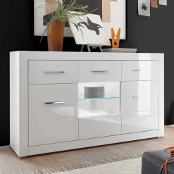 Discount Wohnen 3-türiges Sideboard in Hochglanz Weiß & Glas Yulis mit 2 Schubladen