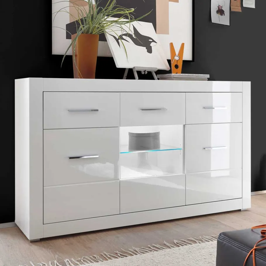 Discount Wohnen 3-türiges Sideboard in Hochglanz Weiß & Glas Yulis mit 2 Schubladen