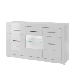 Discount Wohnen 3-türiges Sideboard in Hochglanz Weiß & Glas Yulis mit 2 Schubladen