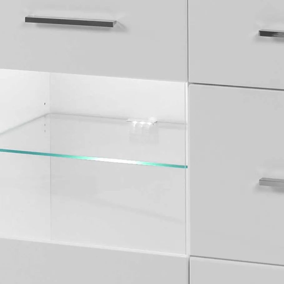 Discount Wohnen 3-türiges Sideboard in Hochglanz Weiß & Glas Yulis mit 2 Schubladen