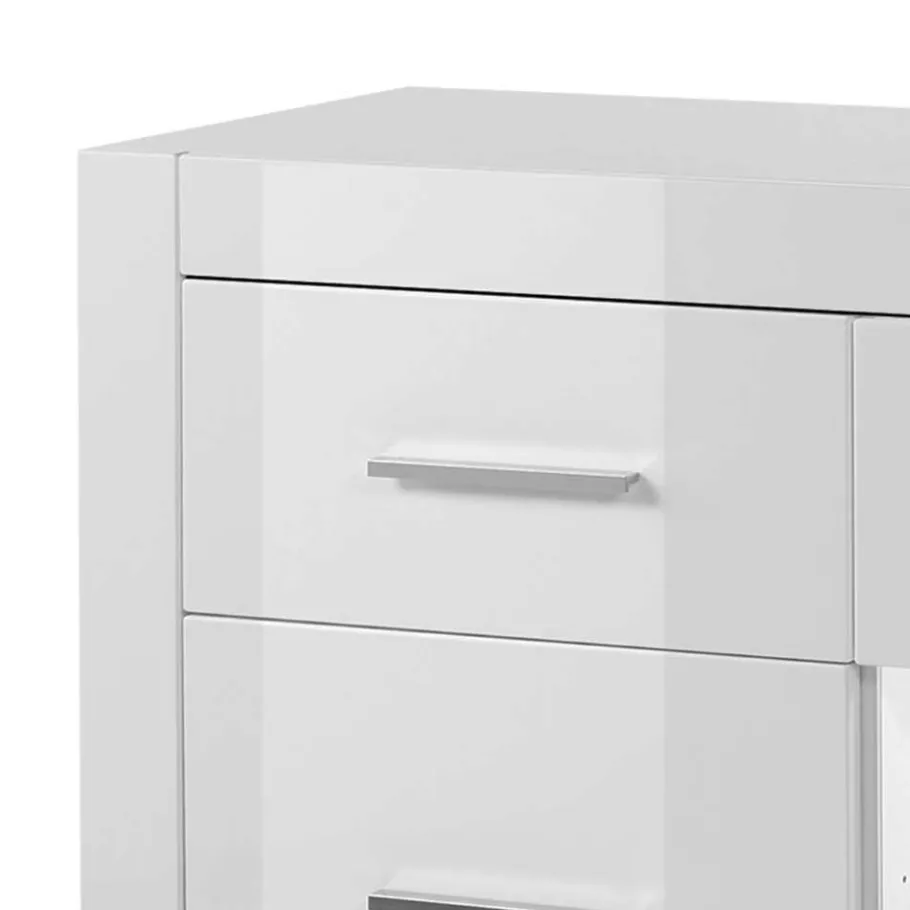 Discount Wohnen 3-türiges Sideboard in Hochglanz Weiß & Glas Yulis mit 2 Schubladen