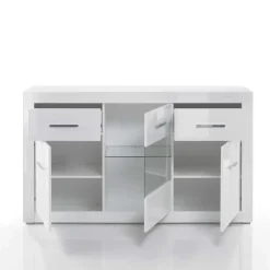 Discount Wohnen 3-türiges Sideboard in Hochglanz Weiß & Glas Yulis mit 2 Schubladen