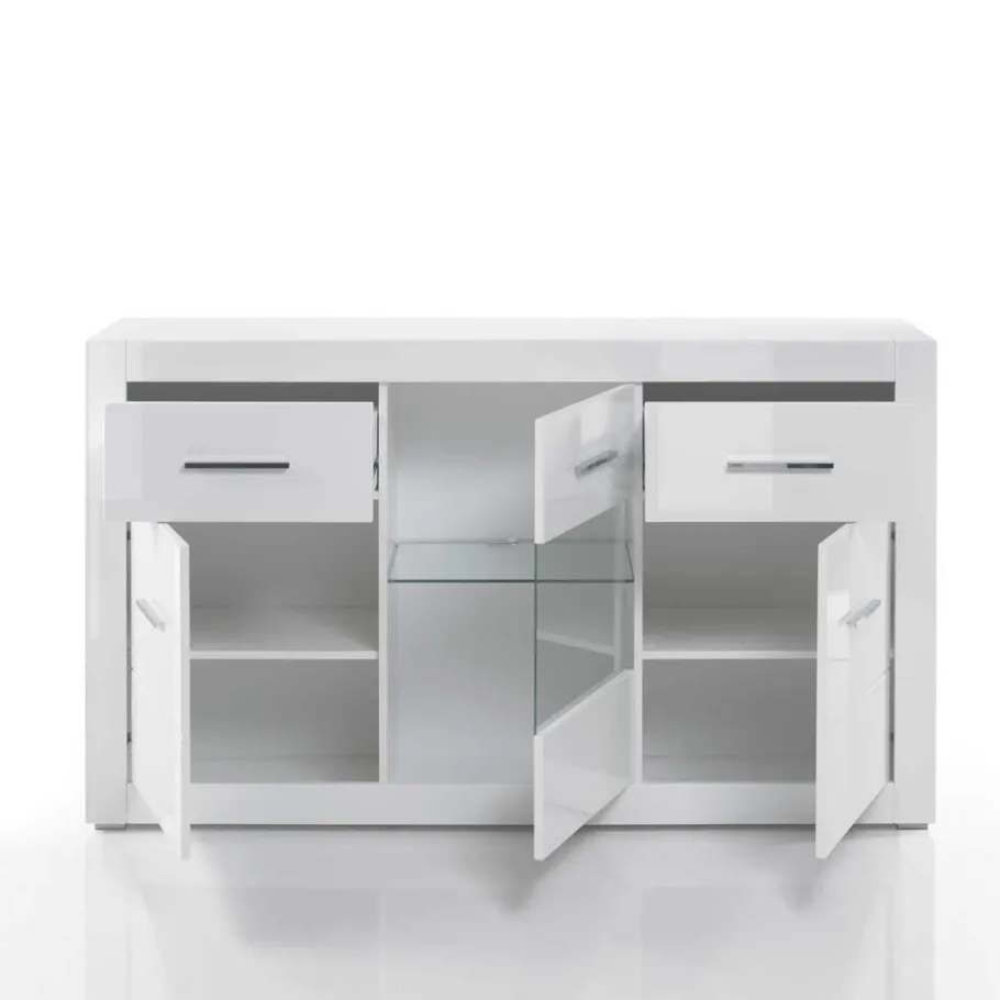 Discount Wohnen 3-türiges Sideboard in Hochglanz Weiß & Glas Yulis mit 2 Schubladen