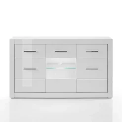 Discount Wohnen 3-türiges Sideboard in Hochglanz Weiß & Glas Yulis mit 2 Schubladen