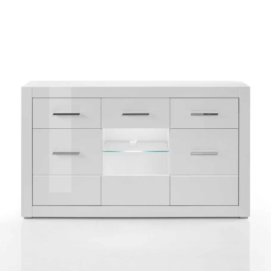 Discount Wohnen 3-türiges Sideboard in Hochglanz Weiß & Glas Yulis mit 2 Schubladen