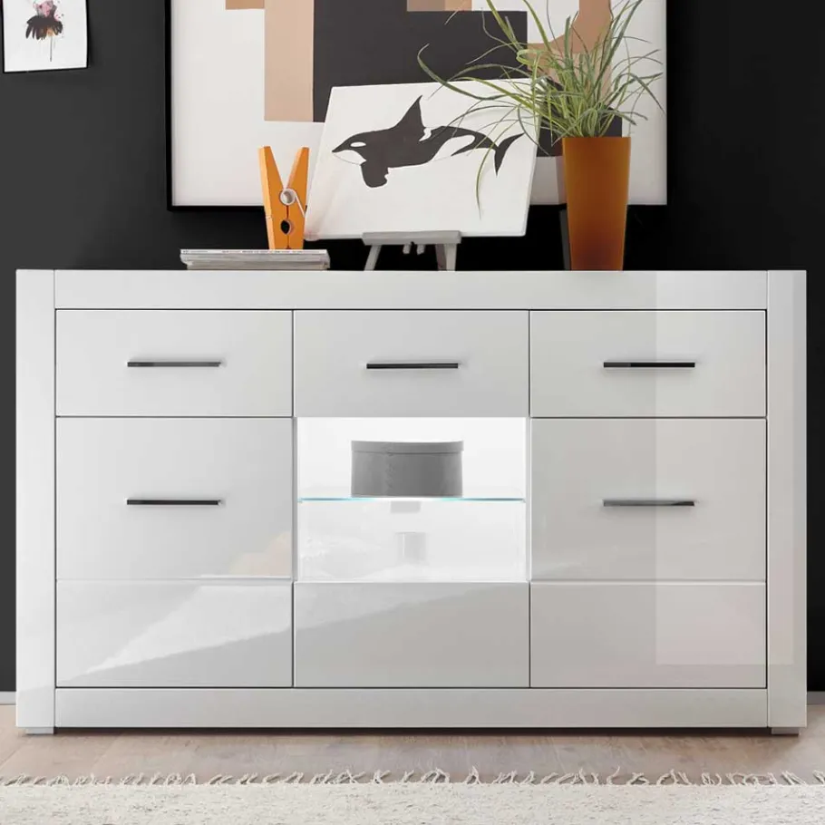 Discount Wohnen 3-türiges Sideboard in Hochglanz Weiß & Glas Yulis mit 2 Schubladen