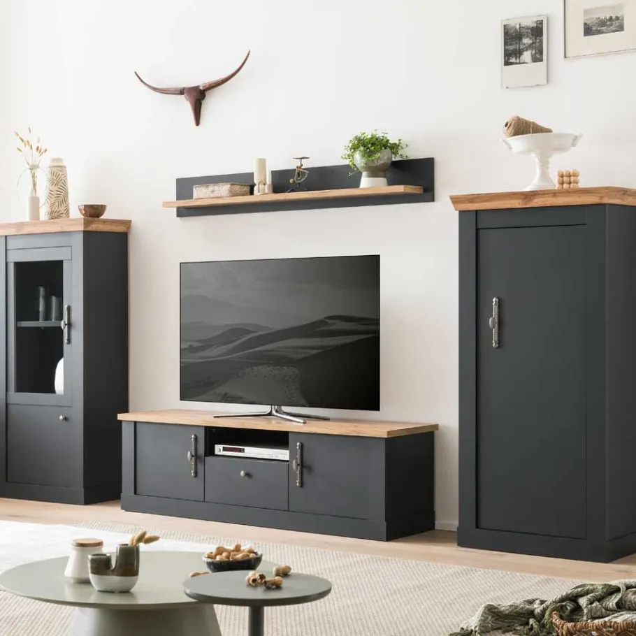 Best Wohnen TV Anbauwand in Anthrazit & Wildeiche - Lionel (vierteilig)