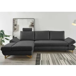 Discount Wohnen Velours Ecksofa in Anthrazit mit Buche - Baonga