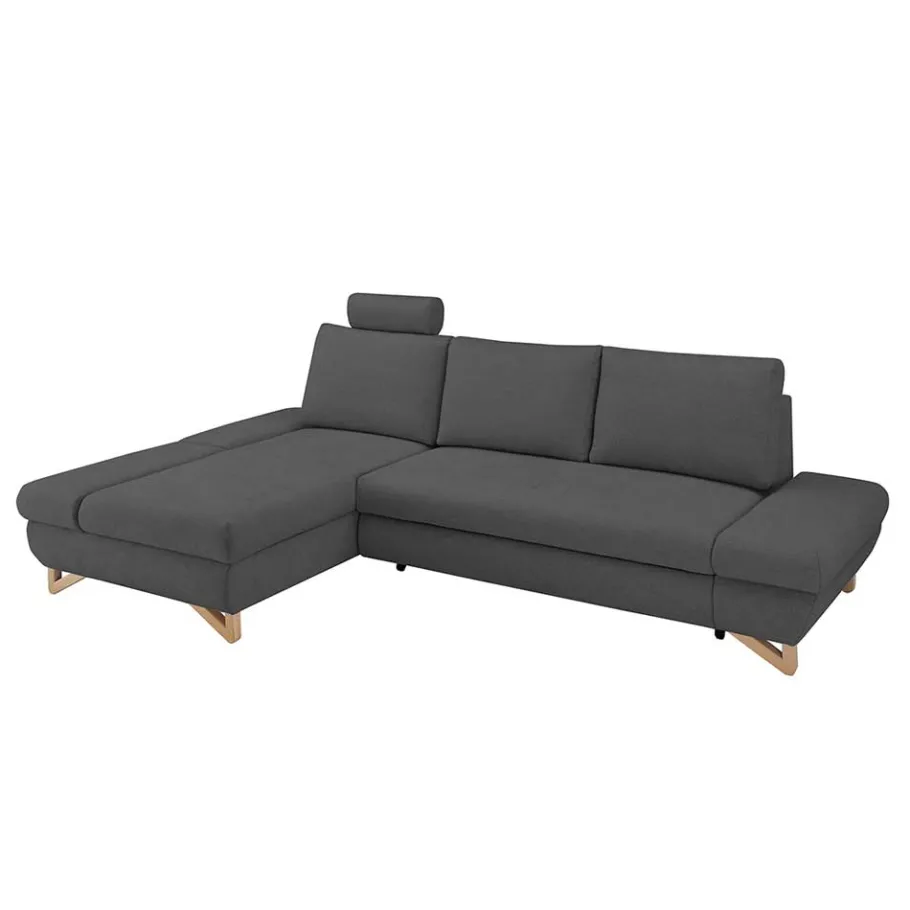 Discount Wohnen Velours Ecksofa in Anthrazit mit Buche - Baonga