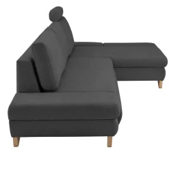 Discount Wohnen Velours Ecksofa in Anthrazit mit Buche - Baonga