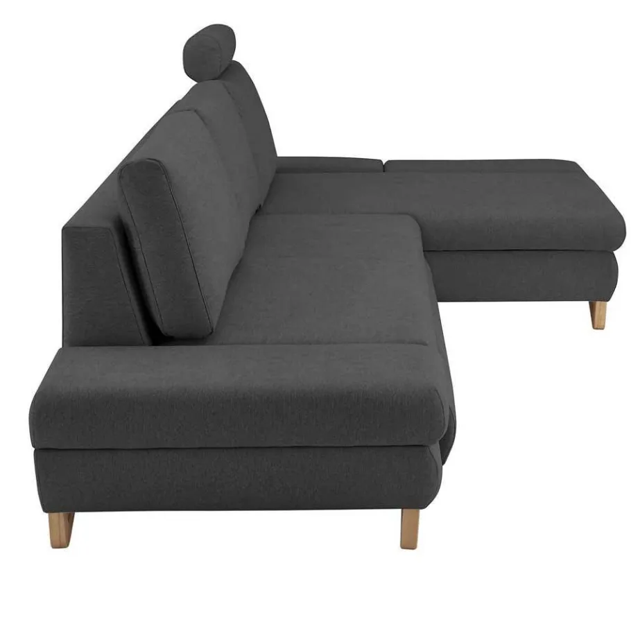 Discount Wohnen Velours Ecksofa in Anthrazit mit Buche - Baonga