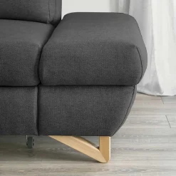 Discount Wohnen Velours Ecksofa in Anthrazit mit Buche - Baonga