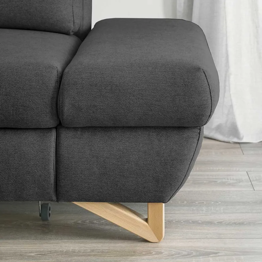 Discount Wohnen Velours Ecksofa in Anthrazit mit Buche - Baonga