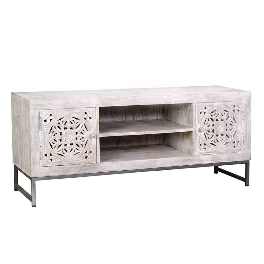 Discount Wohnen Vintage Lowboard in Mangoholz White Wash - Fudorus