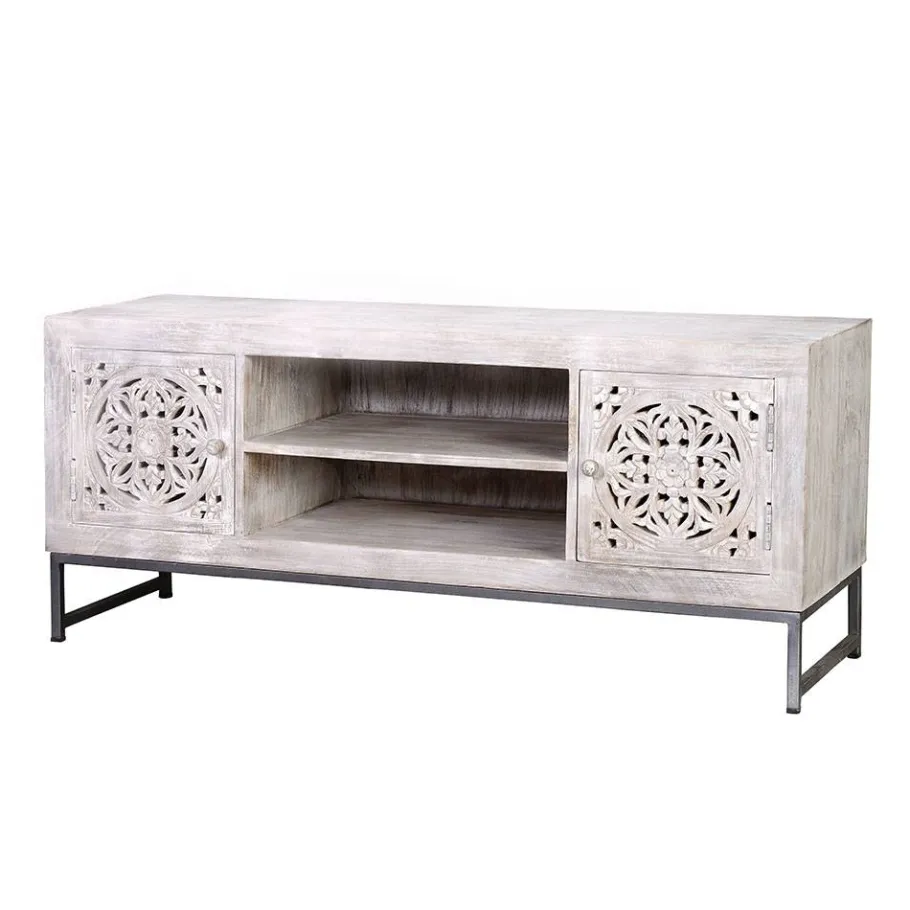 Discount Wohnen Vintage Lowboard in Mangoholz White Wash - Fudorus