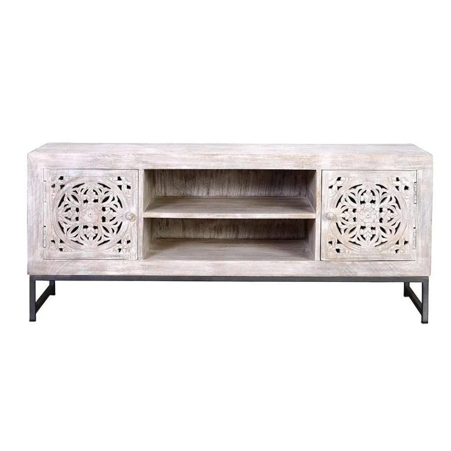 Discount Wohnen Vintage Lowboard in Mangoholz White Wash - Fudorus