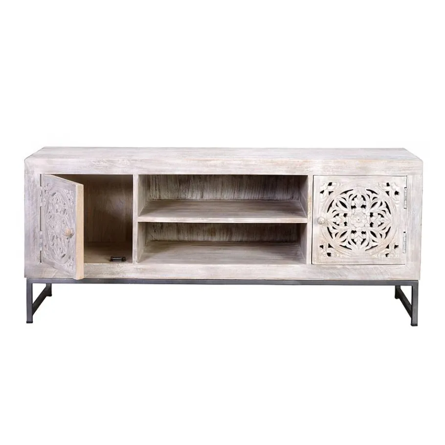 Discount Wohnen Vintage Lowboard in Mangoholz White Wash - Fudorus