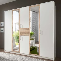 Hot Wohnen Weißer Kleiderschrank mit Plankeneiche 225 cm breit - Leela