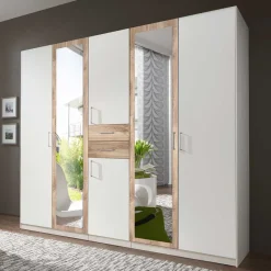 Hot Wohnen Weißer Kleiderschrank mit Plankeneiche 225 cm breit - Leela