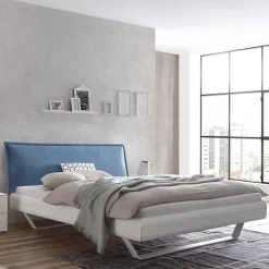 Hot Wohnen Weißes Designbett mit Polsterkopfteil in Blau - Giralna
