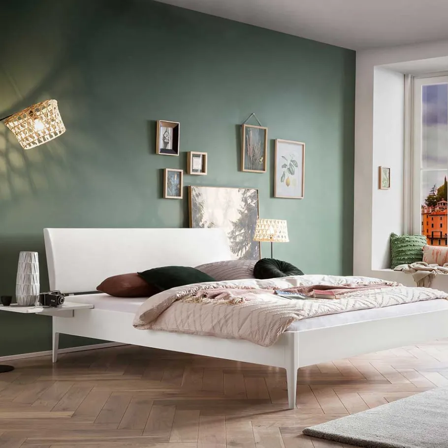 Outlet Wohnen Weißes Doppelbett aus Buche massiv & Kunstleder - Suzana