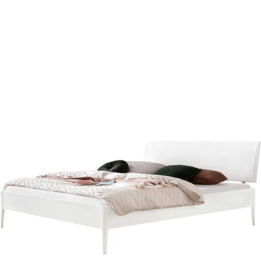 Outlet Wohnen Weißes Doppelbett aus Buche massiv & Kunstleder - Suzana
