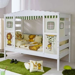 Outlet Wohnen Weißes Hausbett aus Kiefernholz 90x200 Drois mit Tier Motiven
