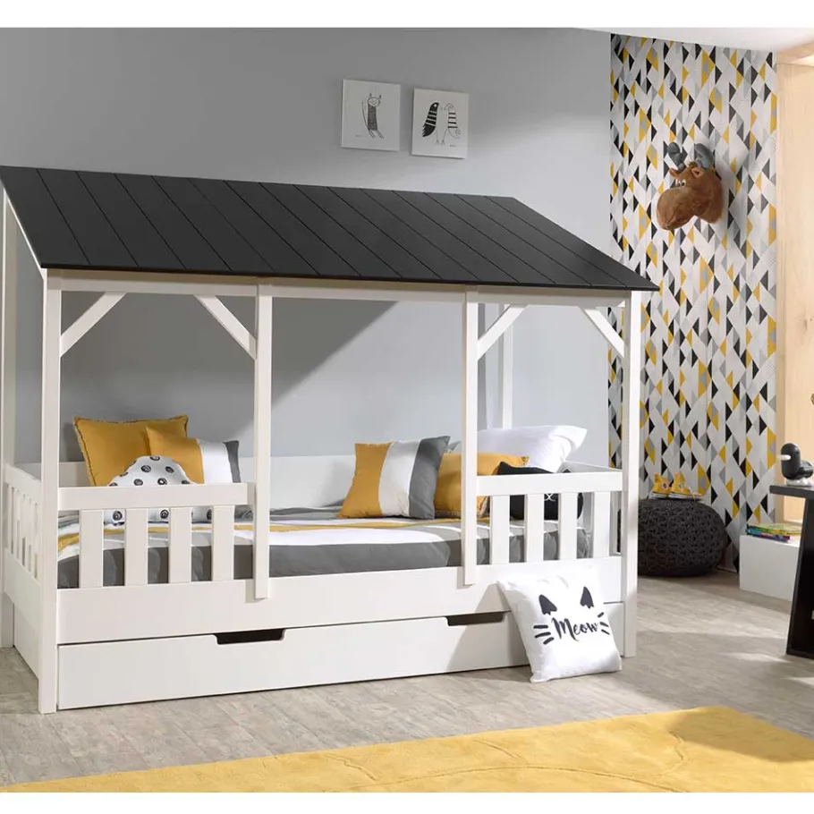 Discount Wohnen Weißes Hausbett mit Dach in Schwarz - Gozo