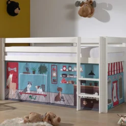 Outlet Wohnen Weißes Hochbett mit Spielvorhang Zooladen - Nadals