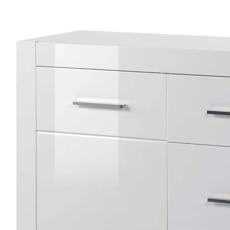 Wohnen Weißes Sideboard mit Hochglanz Front Yulis & Chrom Metallgriffen