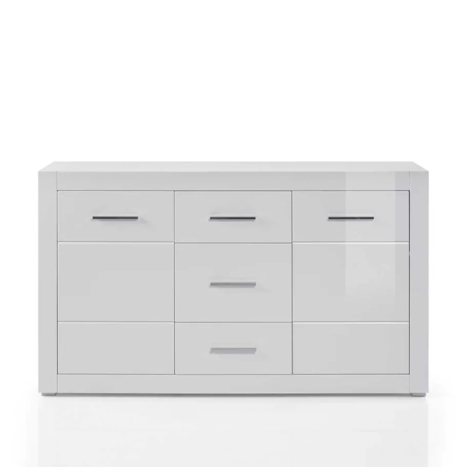 Wohnen Weißes Sideboard mit Hochglanz Front Yulis & Chrom Metallgriffen