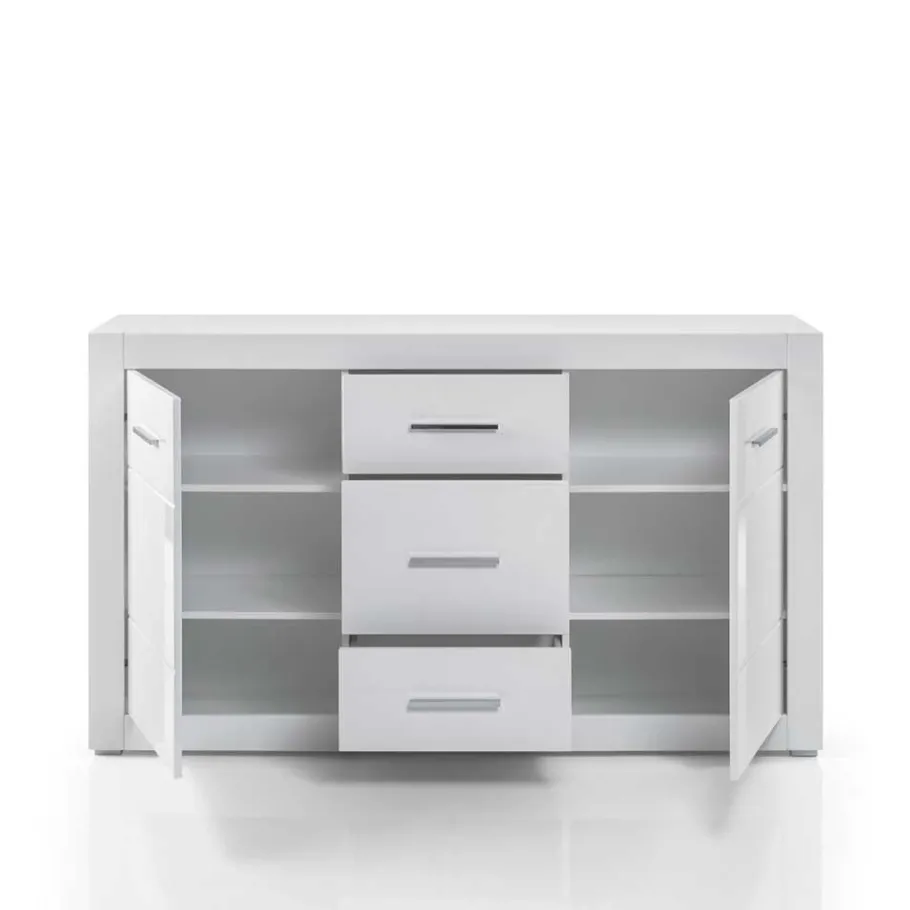 Wohnen Weißes Sideboard mit Hochglanz Front Yulis & Chrom Metallgriffen