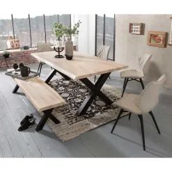 Sale Wohnen White Wash Essgruppe mit X-Fuß Tisch - Tilveta I (sechsteilig)