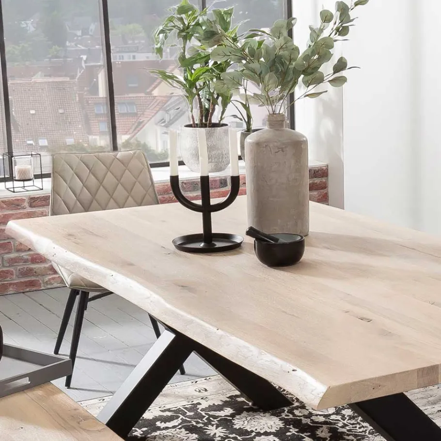 Sale Wohnen White Wash Essgruppe mit X-Fuß Tisch - Tilveta I (sechsteilig)