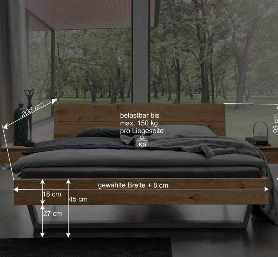 Outlet Wohnen Wildeiche Bett mit Kufen & Nachttische - Yunves (dreiteilig)