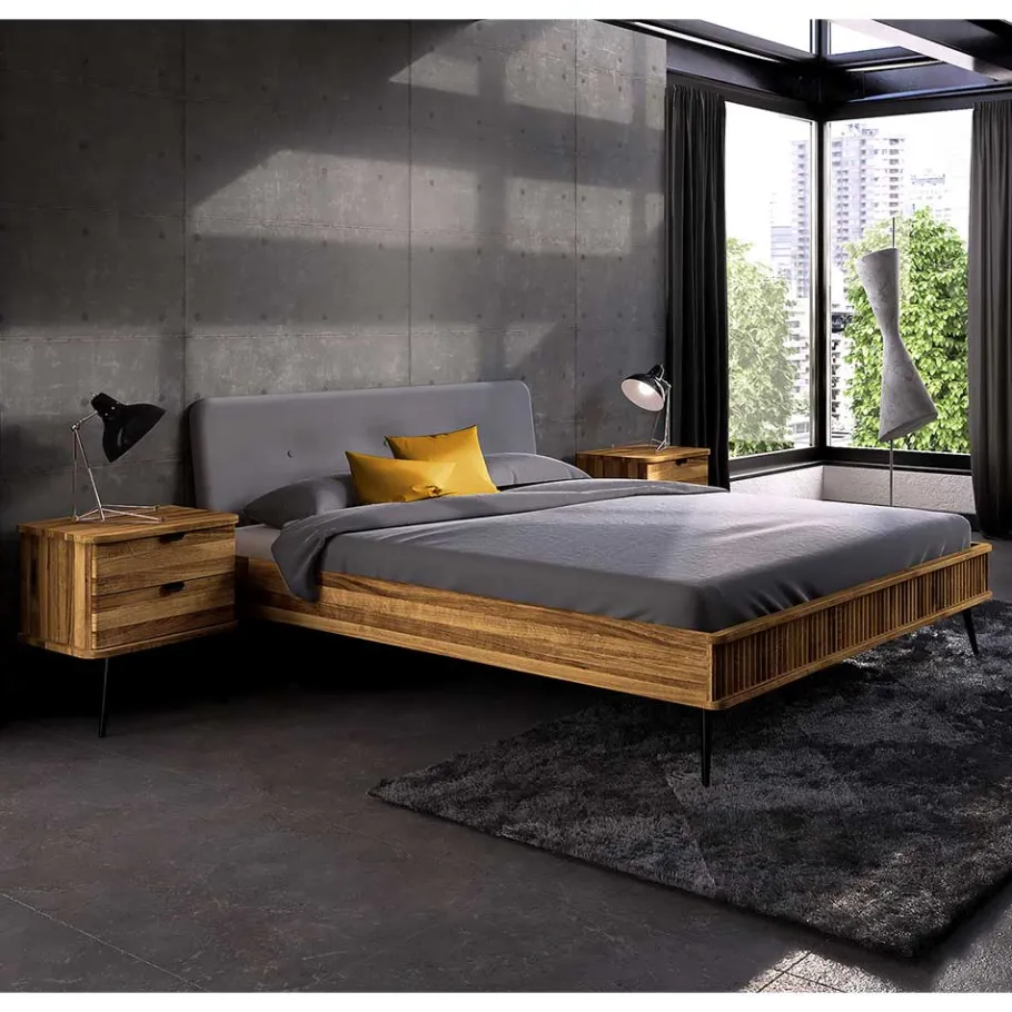 Wohnen Wildeiche Designerbett mit Polsterkopfteil - Casarius