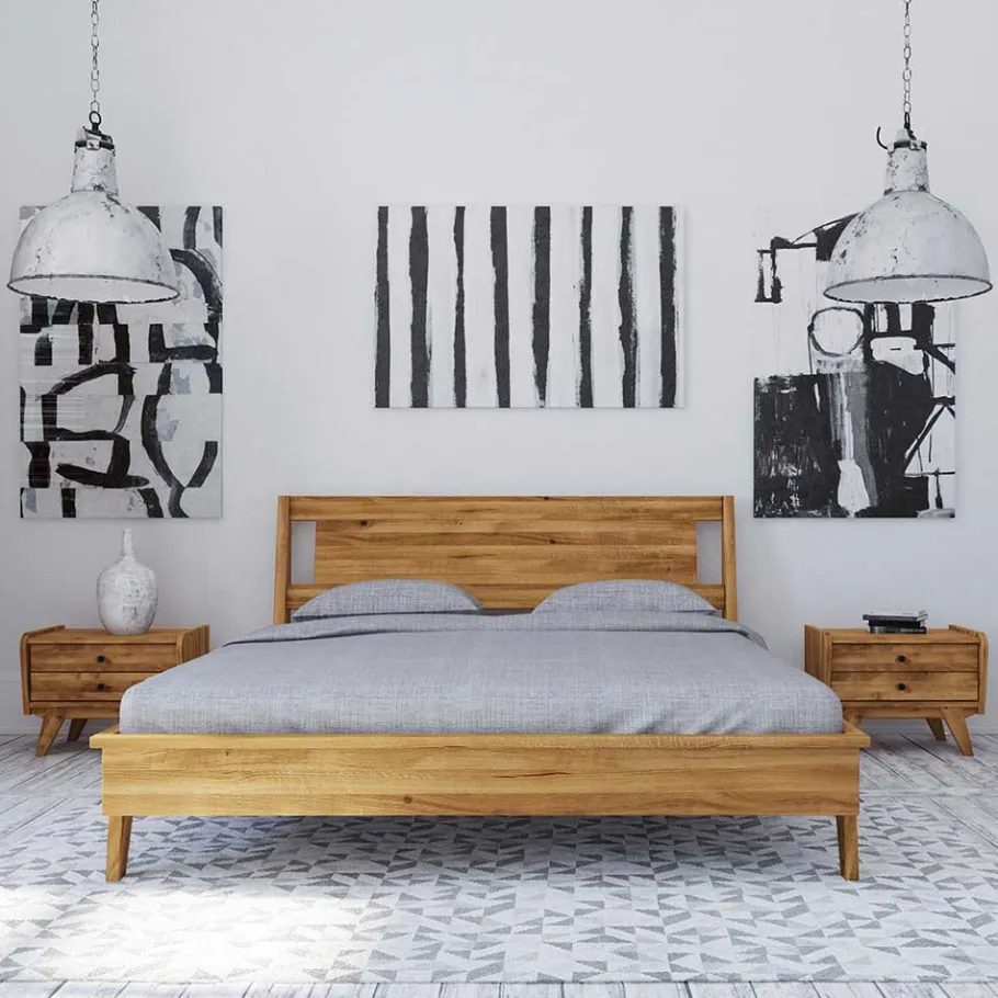 Wohnen Wildeiche Holz Bett mit Überlänge 220 cm - Hardus (dreiteilig)