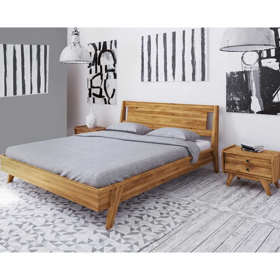 Wohnen Wildeiche Holz Bett mit Überlänge 220 cm - Hardus (dreiteilig)