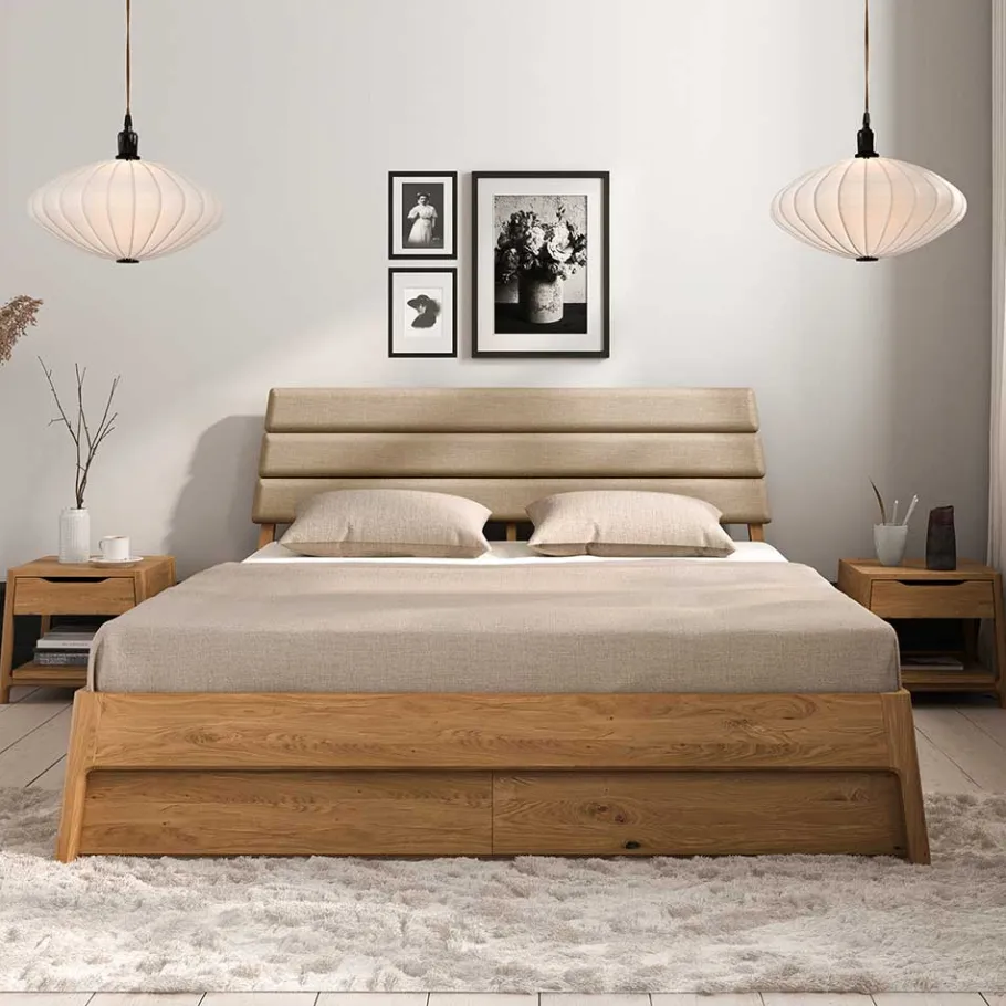 Best Wohnen Wildeiche Holzbett mit Polsterkopfteil in Beige - Favorite