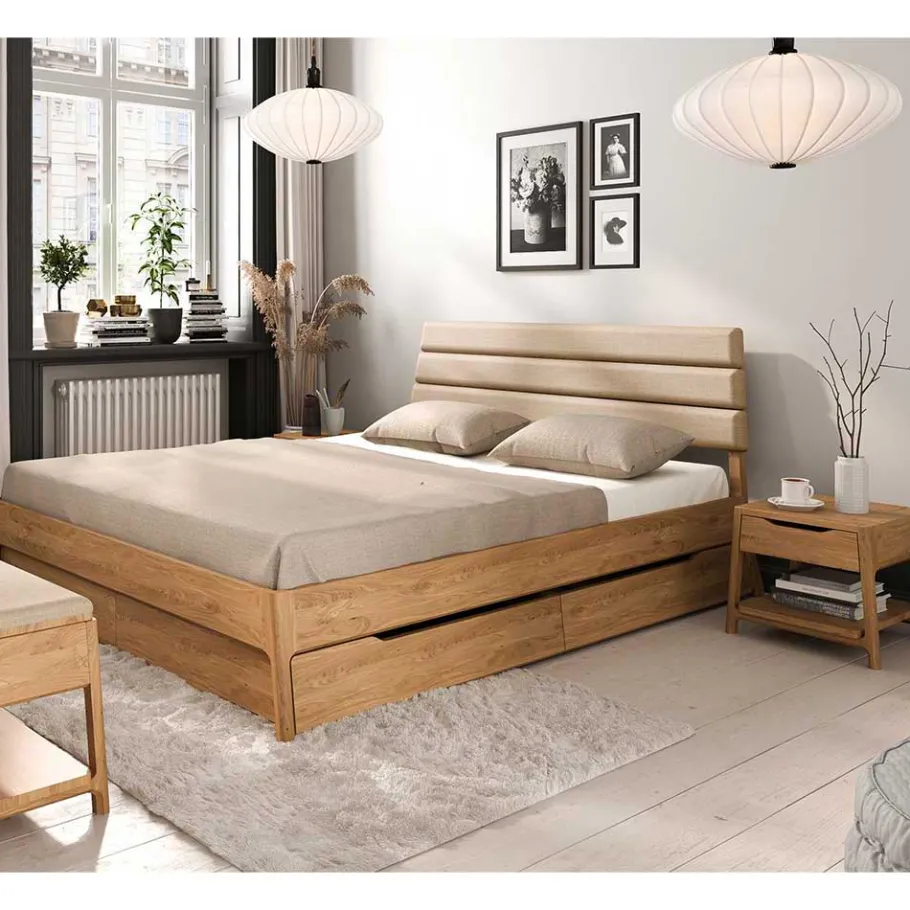 Best Wohnen Wildeiche Holzbett mit Polsterkopfteil in Beige - Favorite