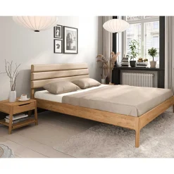 Best Wohnen Wildeiche Holzbett mit Polsterkopfteil in Beige - Favorite