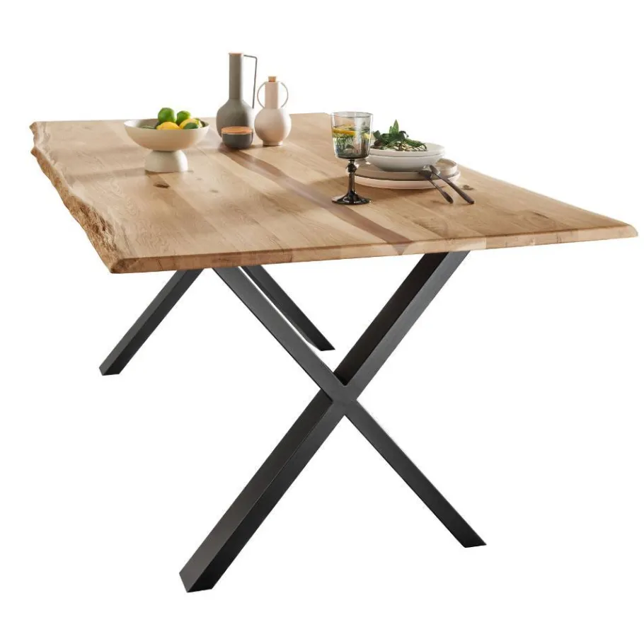 Wohnen Wildeiche Naturkanten-Tisch mit X-Füßen - Lum