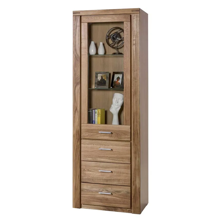 Best Wohnen Wildeiche Vitrinenschrank mit 3 Schubladen - Maila