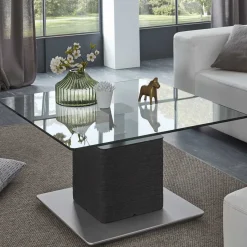 Hot Wohnen 80x80 Designer Couchtisch mit Glasplatte & Säulengestell - Katralan