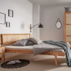 Outlet Wohnen 140x200 Holzbett aus Wildeiche mit Rattan - Ambrosso