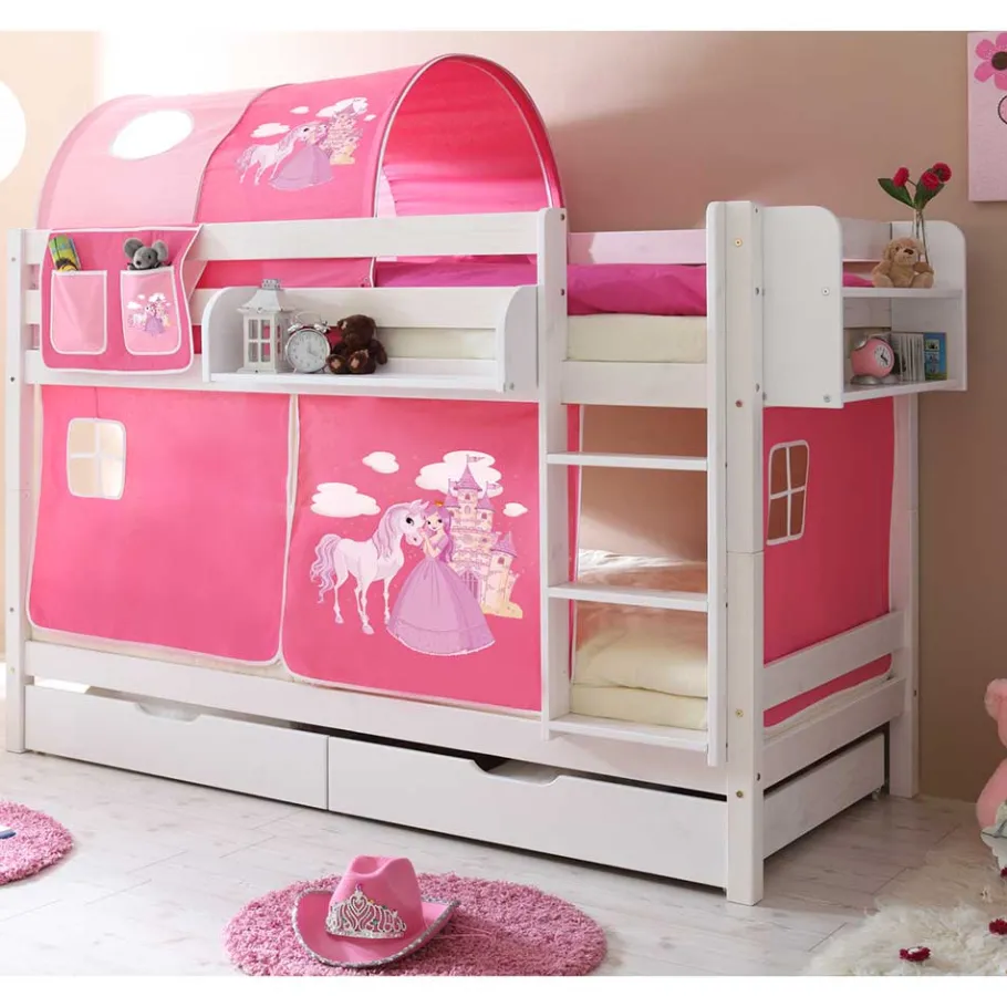 Hot Wohnen 90x200 Prinzessinnen Etagenbett in Weiß mit Stoff Set - Laxela