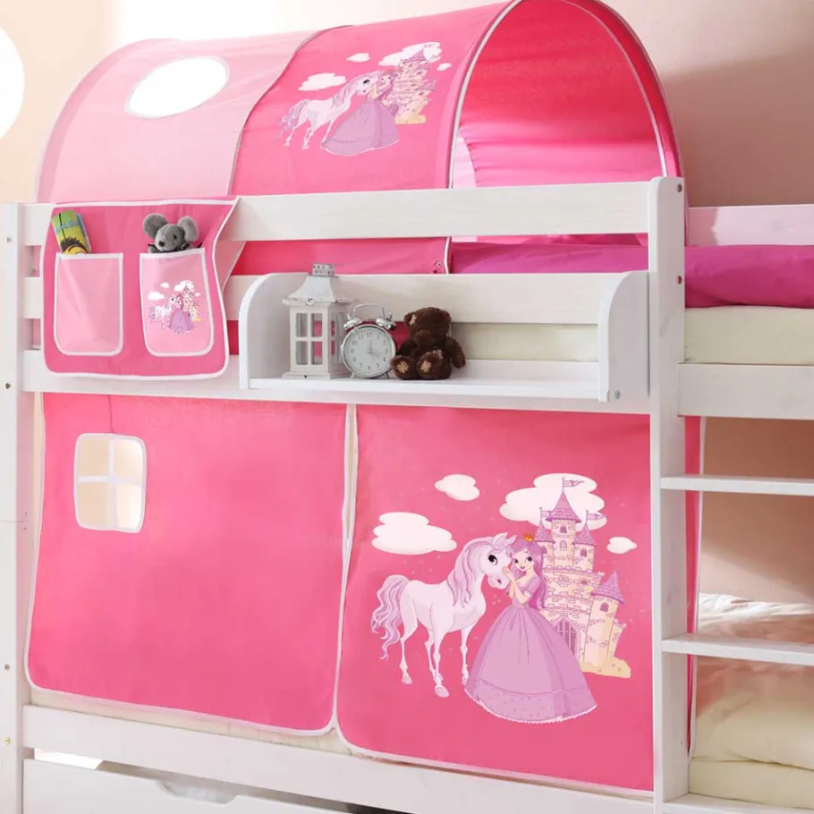 Hot Wohnen 90x200 Prinzessinnen Etagenbett in Weiß mit Stoff Set - Laxela
