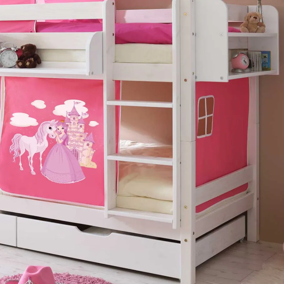Hot Wohnen 90x200 Prinzessinnen Etagenbett in Weiß mit Stoff Set - Laxela