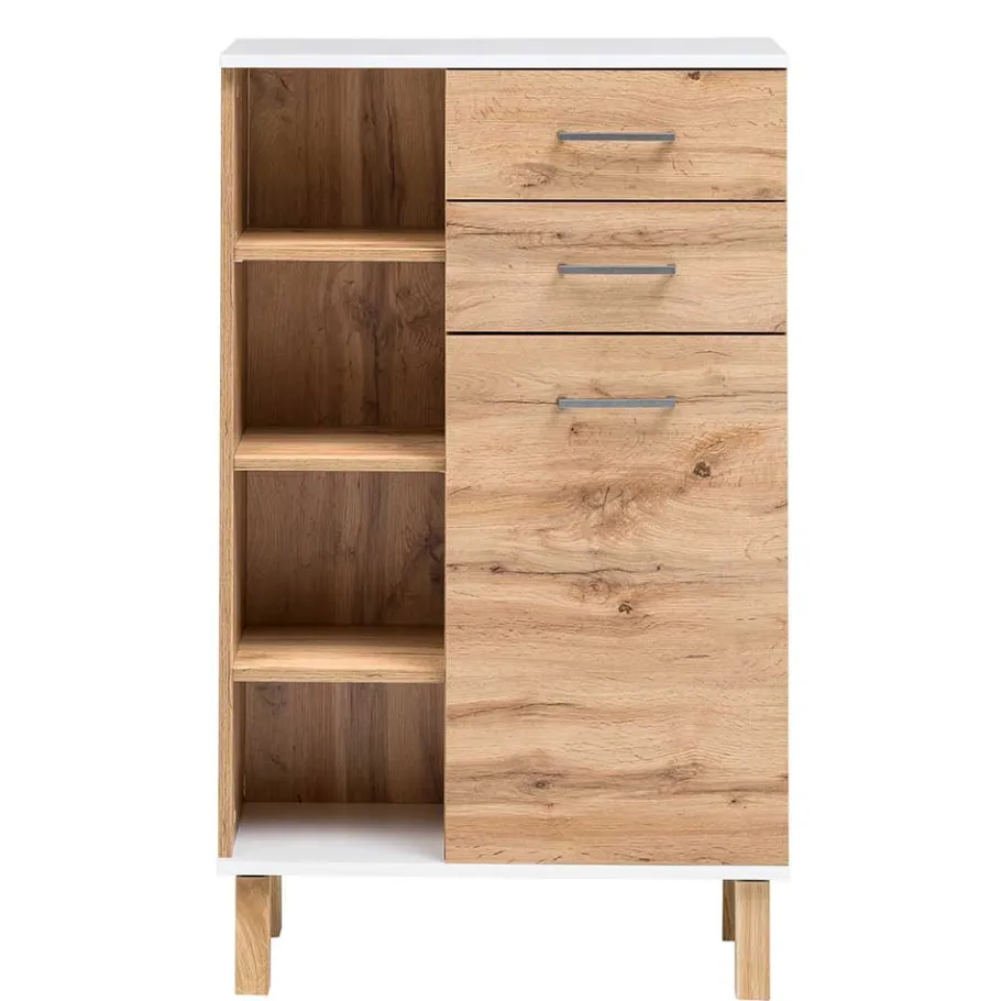 Discount Wohnen 67x115x35 Bad Highboard in Eiche NB & Weiß - Voinla