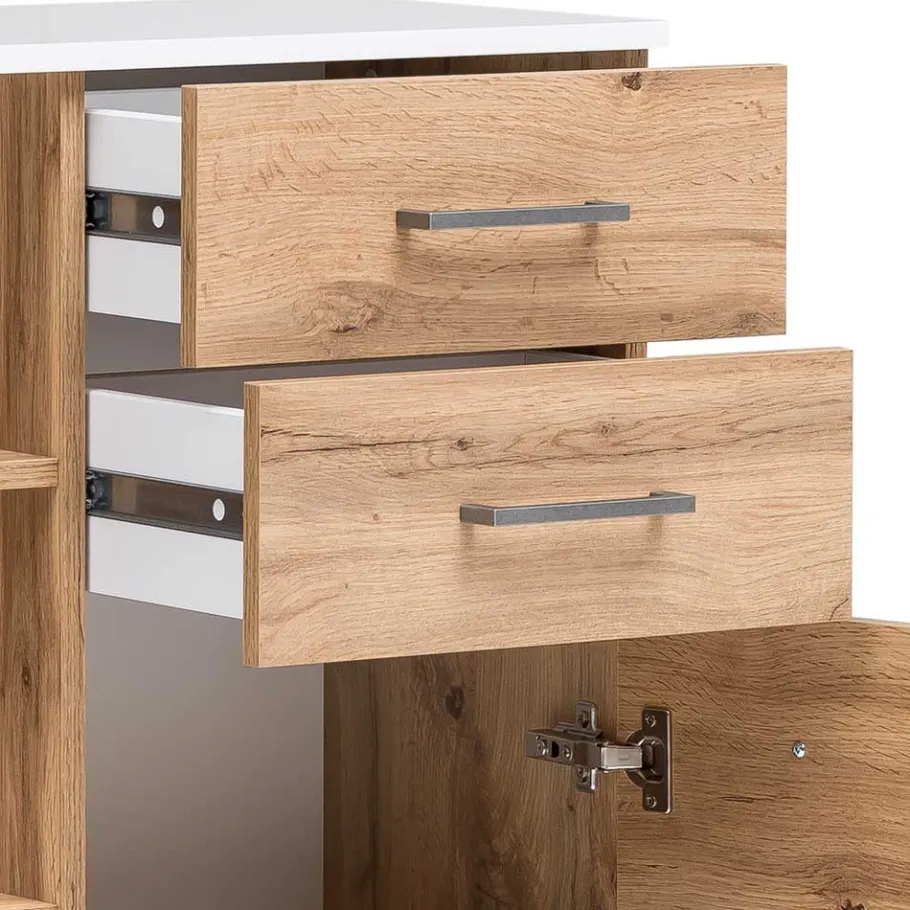 Discount Wohnen 67x115x35 Bad Highboard in Eiche NB & Weiß - Voinla